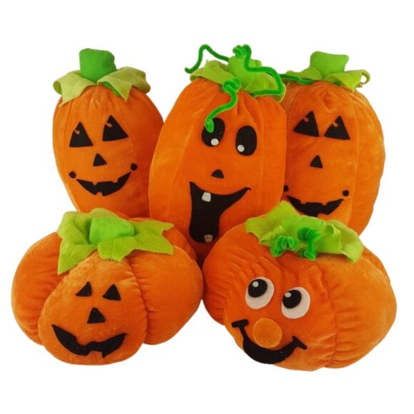 Lot of 5 Plush Stuffed Pumpkins Home Halloween Decoration Autumn Party Decor - Picture 1 of 5